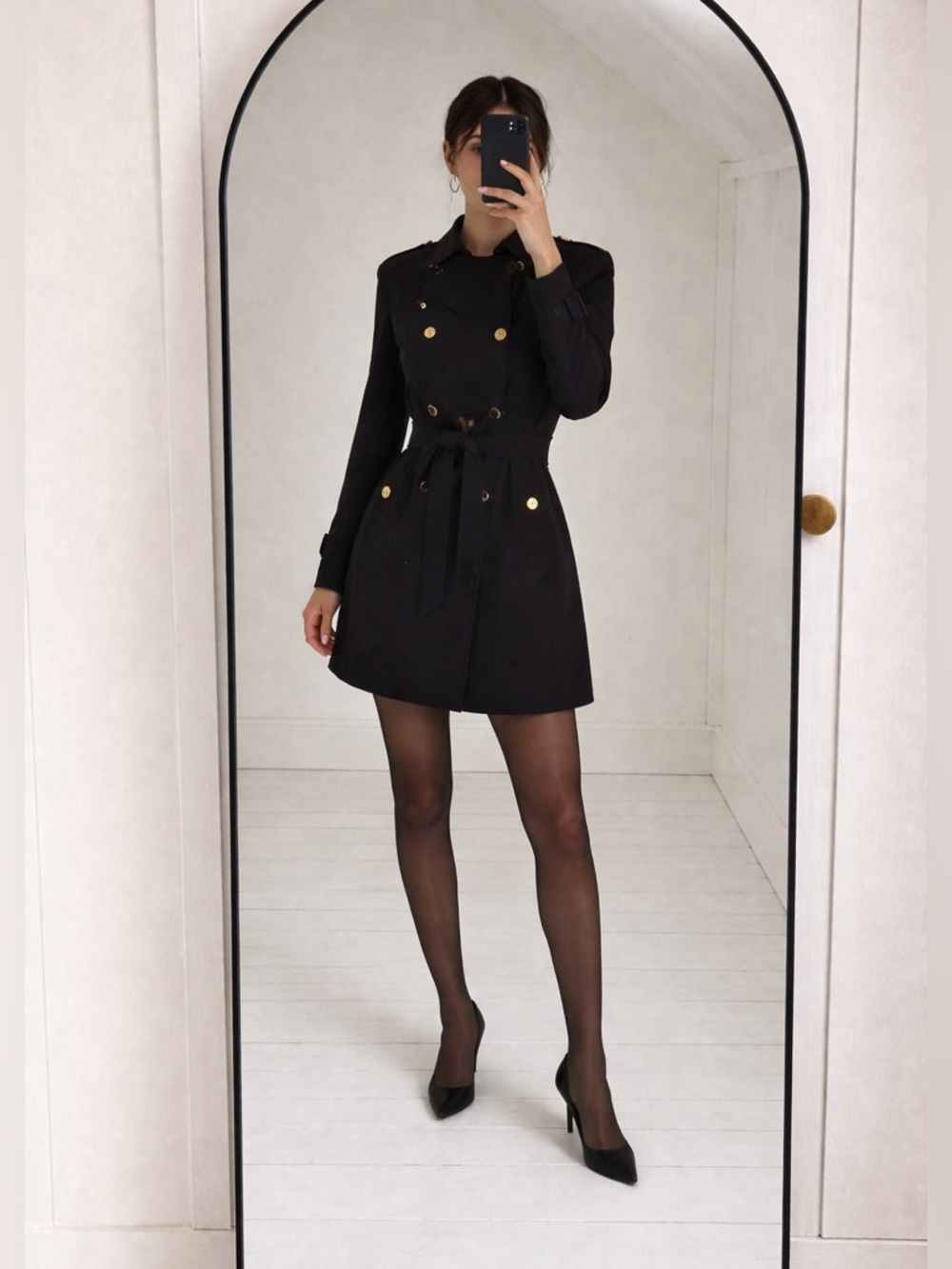 Calvin Klein Black Trench Coat Dress Gold Hardware Belted Y2K Size 6